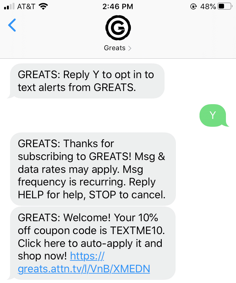 checkout-bonus-sms-example Checkout bonus SMS example from Greats.