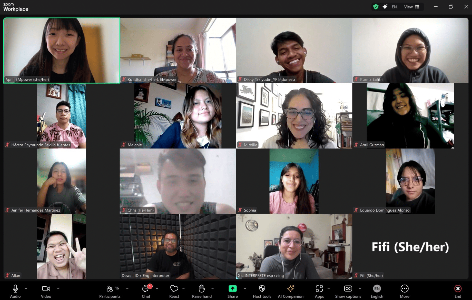 A zoom meeting with 16 people